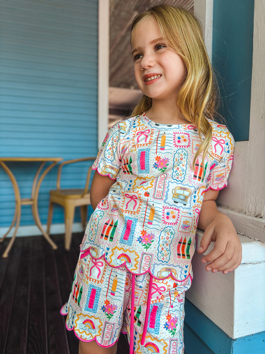 Back to School Print Girl Short Set Scallop Hem
