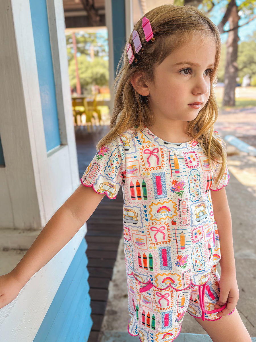 Back to School Print Girl Short Set Scallop Hem