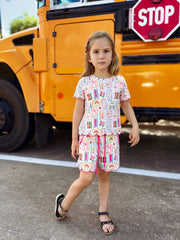 Back to School Print Girl Short Set Scallop Hem