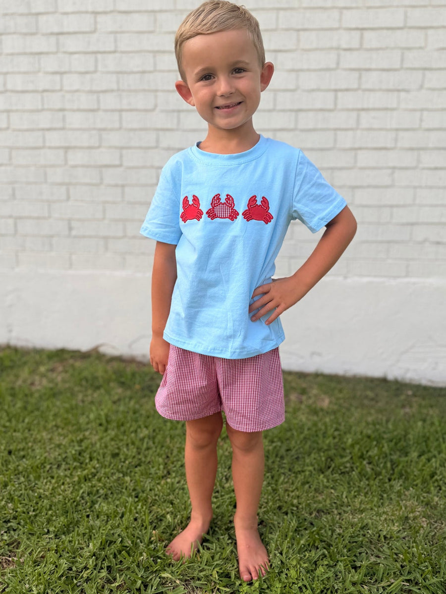 Crab Applique Boy Top And Plaid Shorts Set