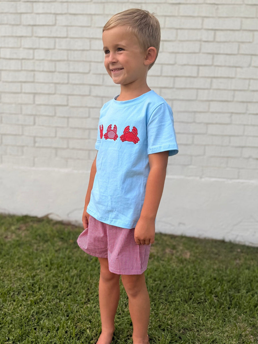 Crab Applique Boy Top And Plaid Shorts Set