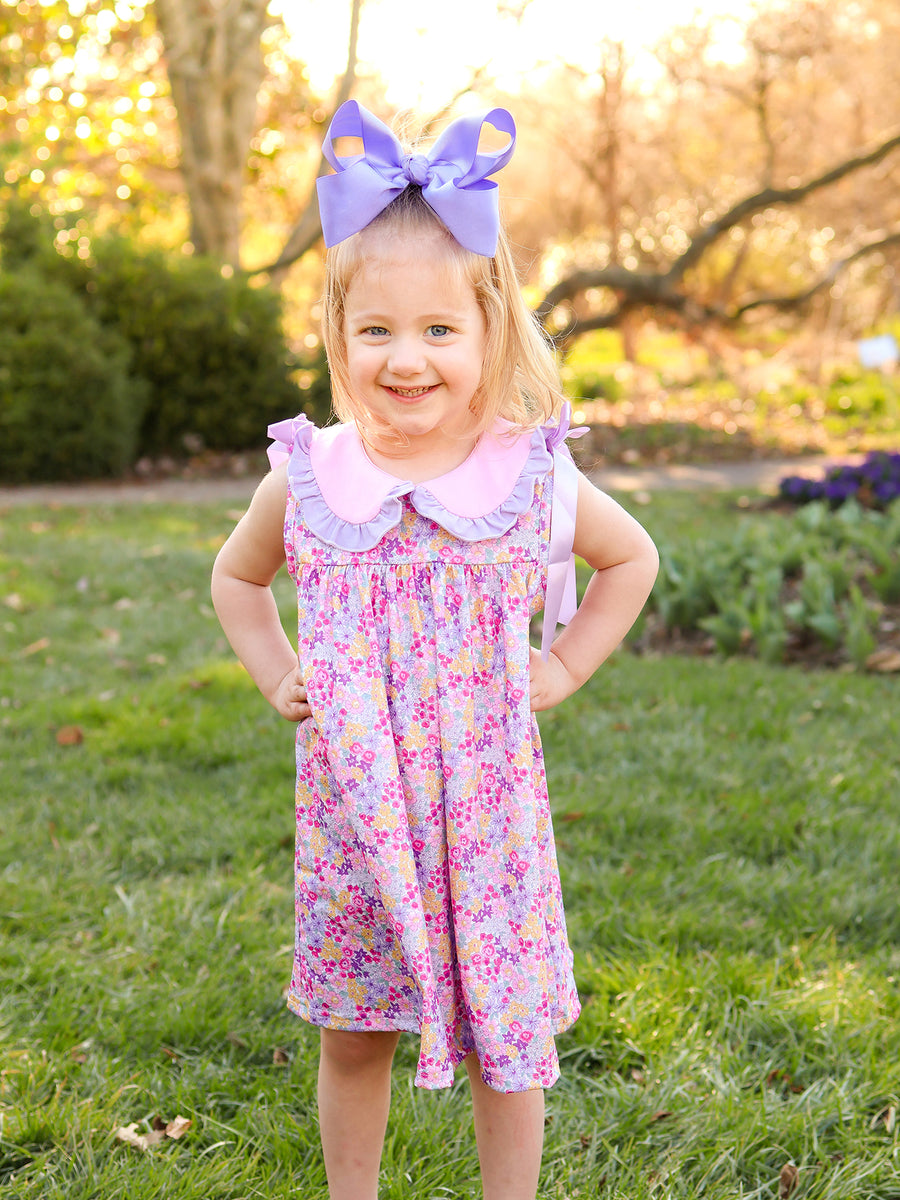 Summer Purple Floral Bow Ruffle Girls Dress