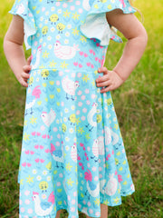 Aqua Spring Chicken Floral Farm Print Girls Dress