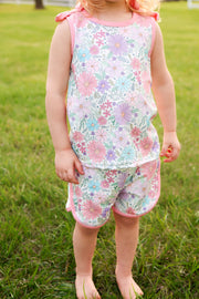 Girls Pink Floral Sleeveless Vest Top and Shorts Set