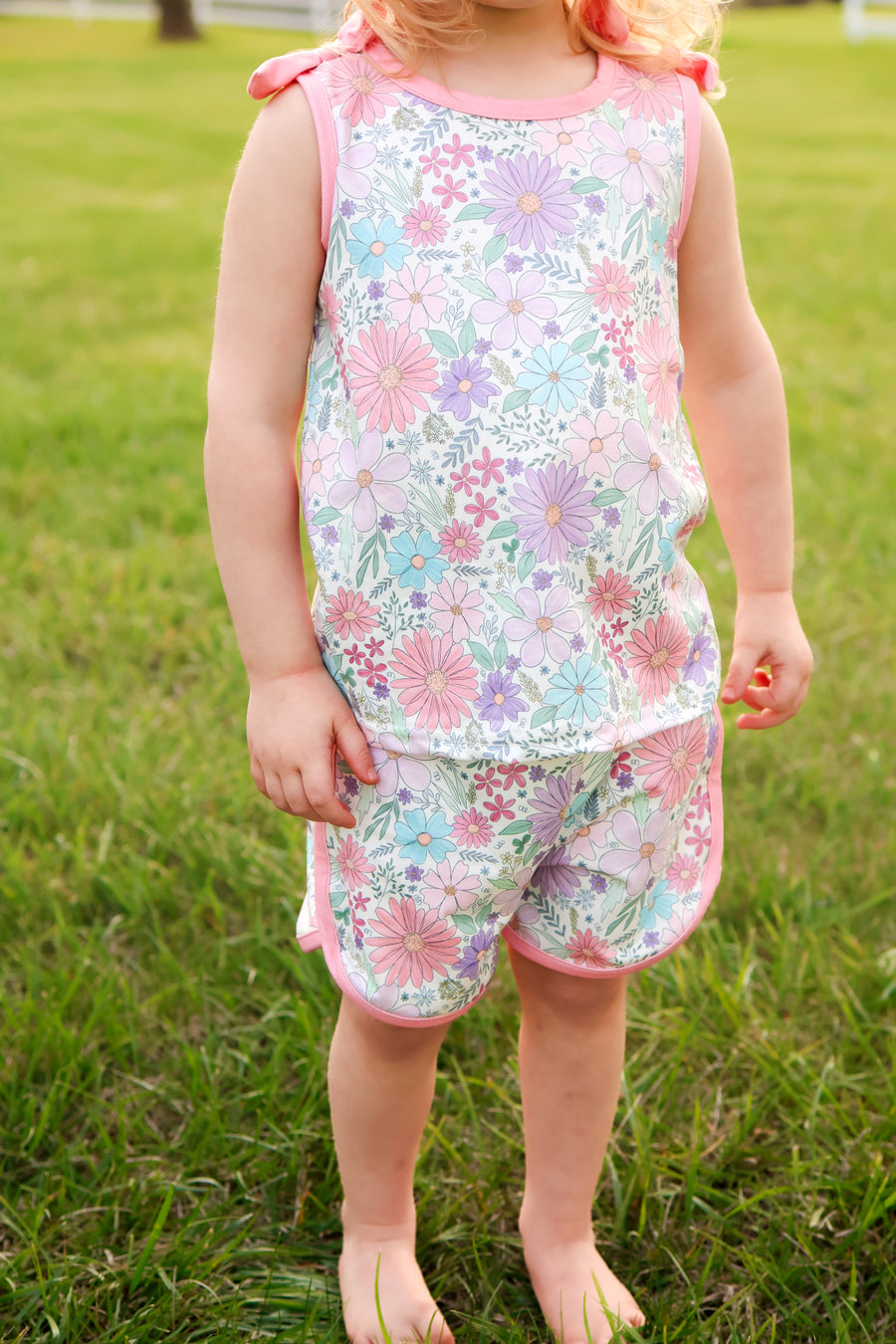 Girls Pink Floral Sleeveless Vest Top and Shorts Set