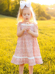 Summer Organic Cotton Floral Girls Bow Spaghetti Strap Ruffle Dress