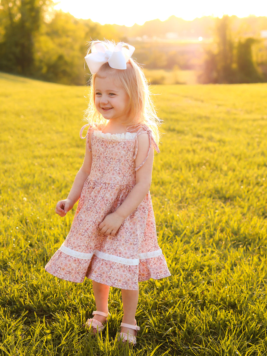 Summer Organic Cotton Floral Girls Bow Spaghetti Strap Ruffle Dress