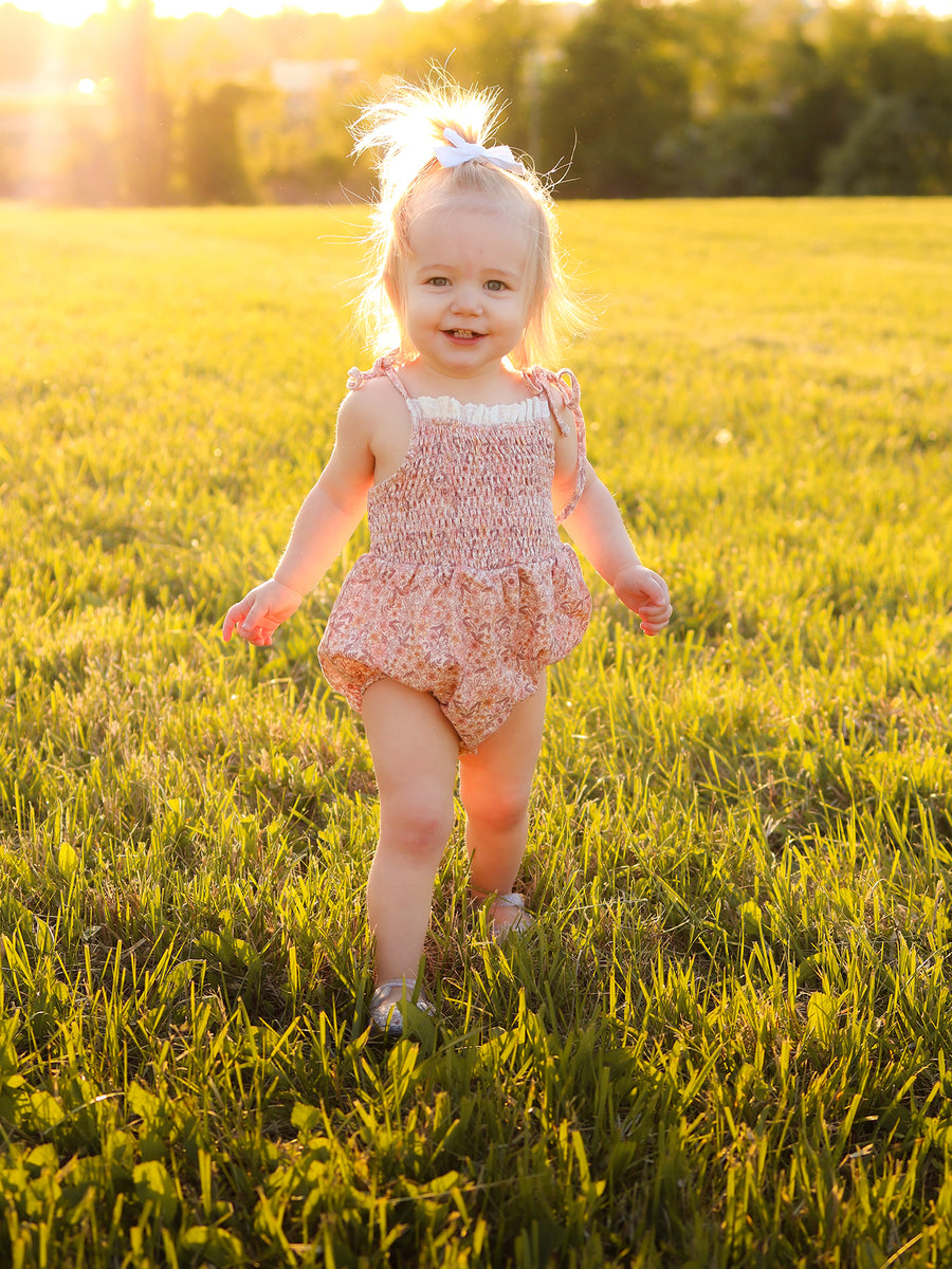 Summer Organic Cotton Floral Bow Spaghetti Strap Baby Girls Romper with Headband