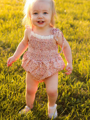 Summer Organic Cotton Floral Bow Spaghetti Strap Baby Girls Romper with Headband