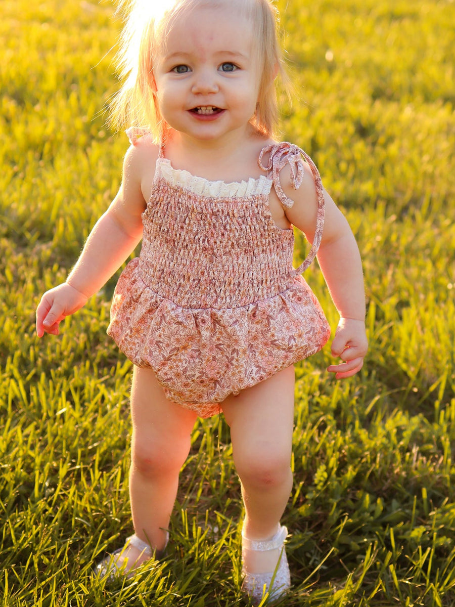 Summer Organic Cotton Floral Bow Spaghetti Strap Baby Girls Romper with Headband