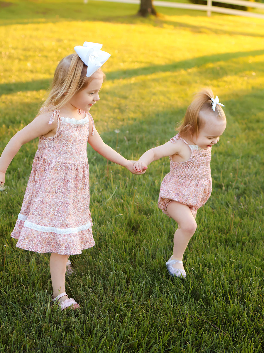 Summer Organic Cotton Floral Girls Bow Spaghetti Strap Ruffle Dress