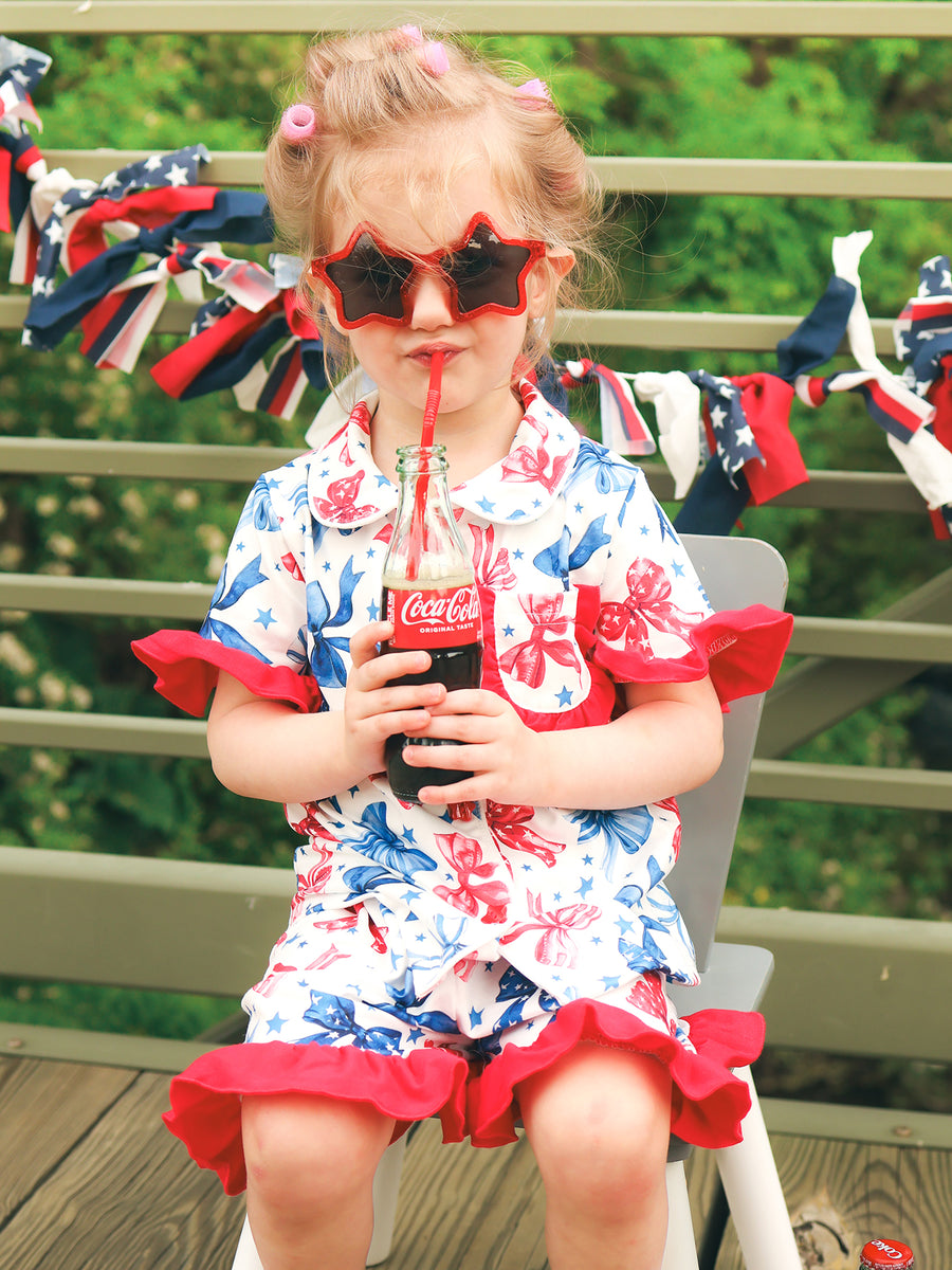 4th Of July Bow Star Girls Pajamas Set