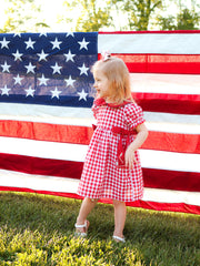 4th of July Flag Plaid Girl Peter Pan Collar Dress Bow