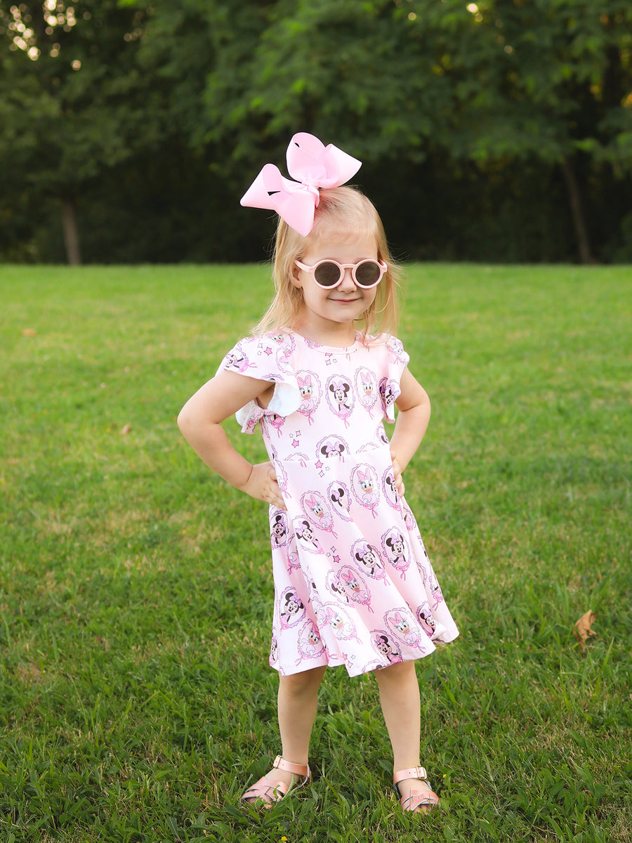 Pink Character Mirror Bow Print Girls' Dress