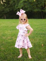 Pink Character Mirror Bow Print Girls' Dress