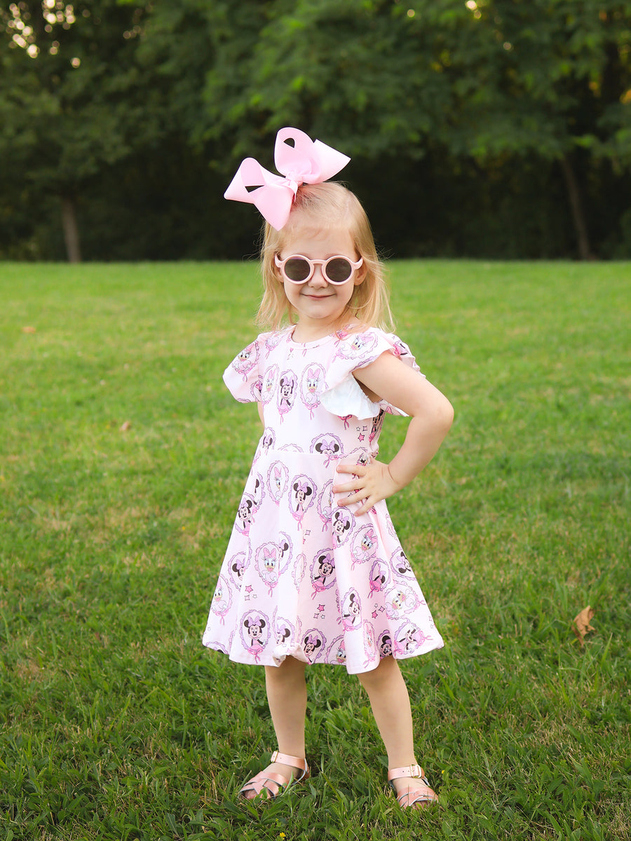 Pink Character Mirror Bow Print Girls' Dress