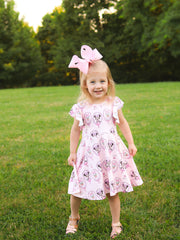 Pink Character Mirror Bow Print Girls' Dress