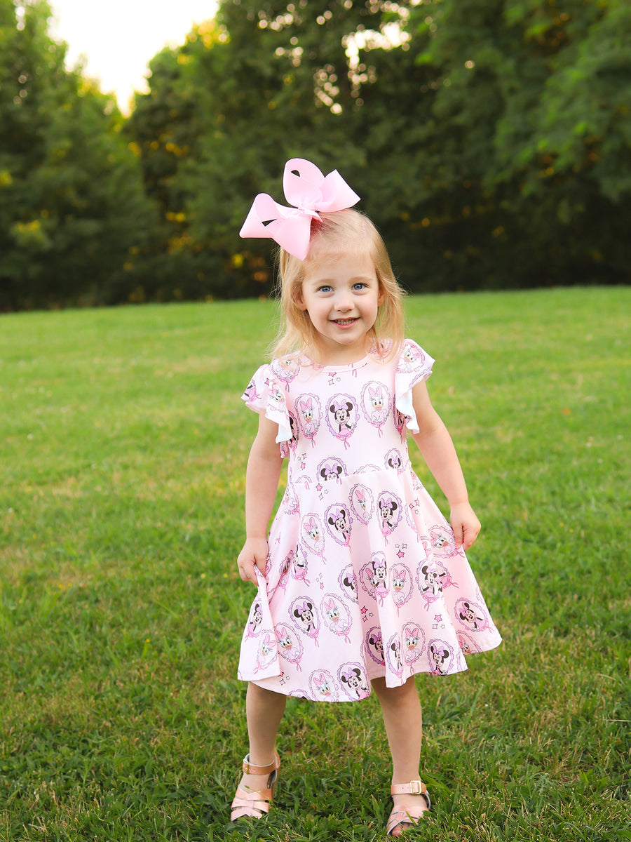 Pink Character Mirror Bow Print Girls' Dress
