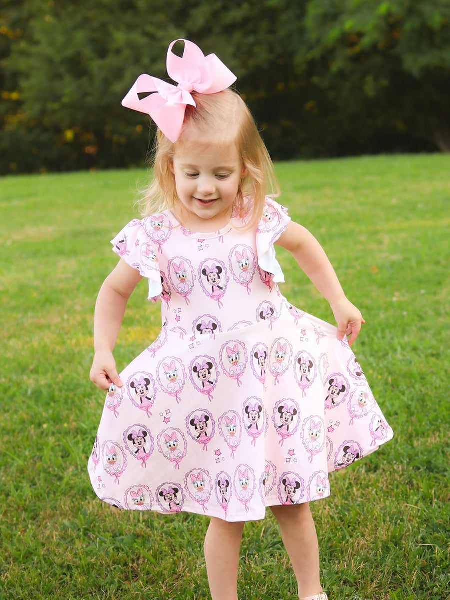 Pink Character Mirror Bow Print Girls' Dress