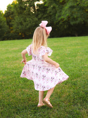 Pink Character Mirror Bow Print Girls' Dress