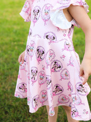 Pink Character Mirror Bow Print Girls' Dress