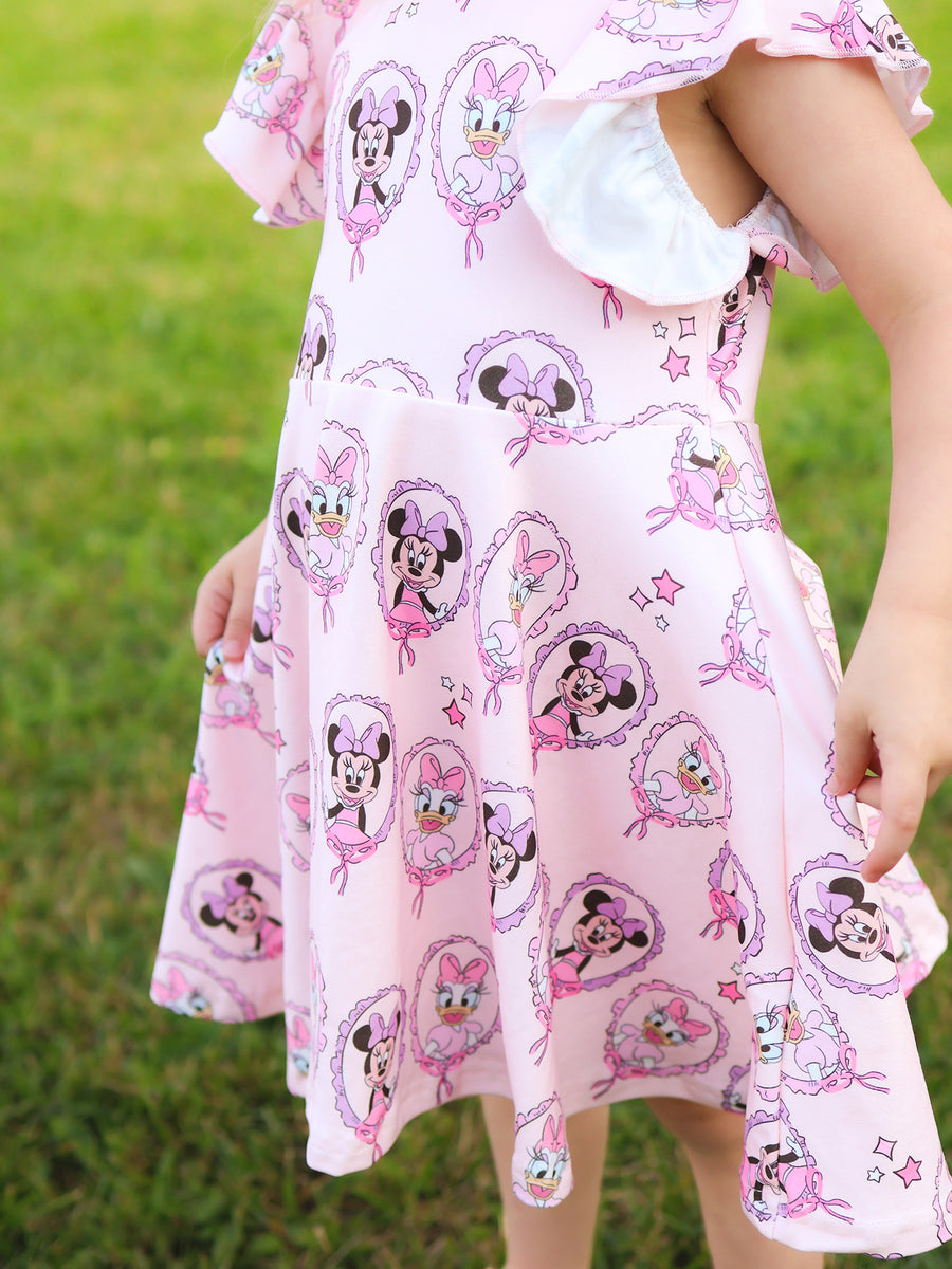 Pink Character Mirror Bow Print Girls' Dress