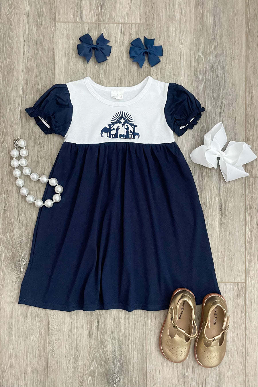 Navy/White Embroidered Nativity Dress