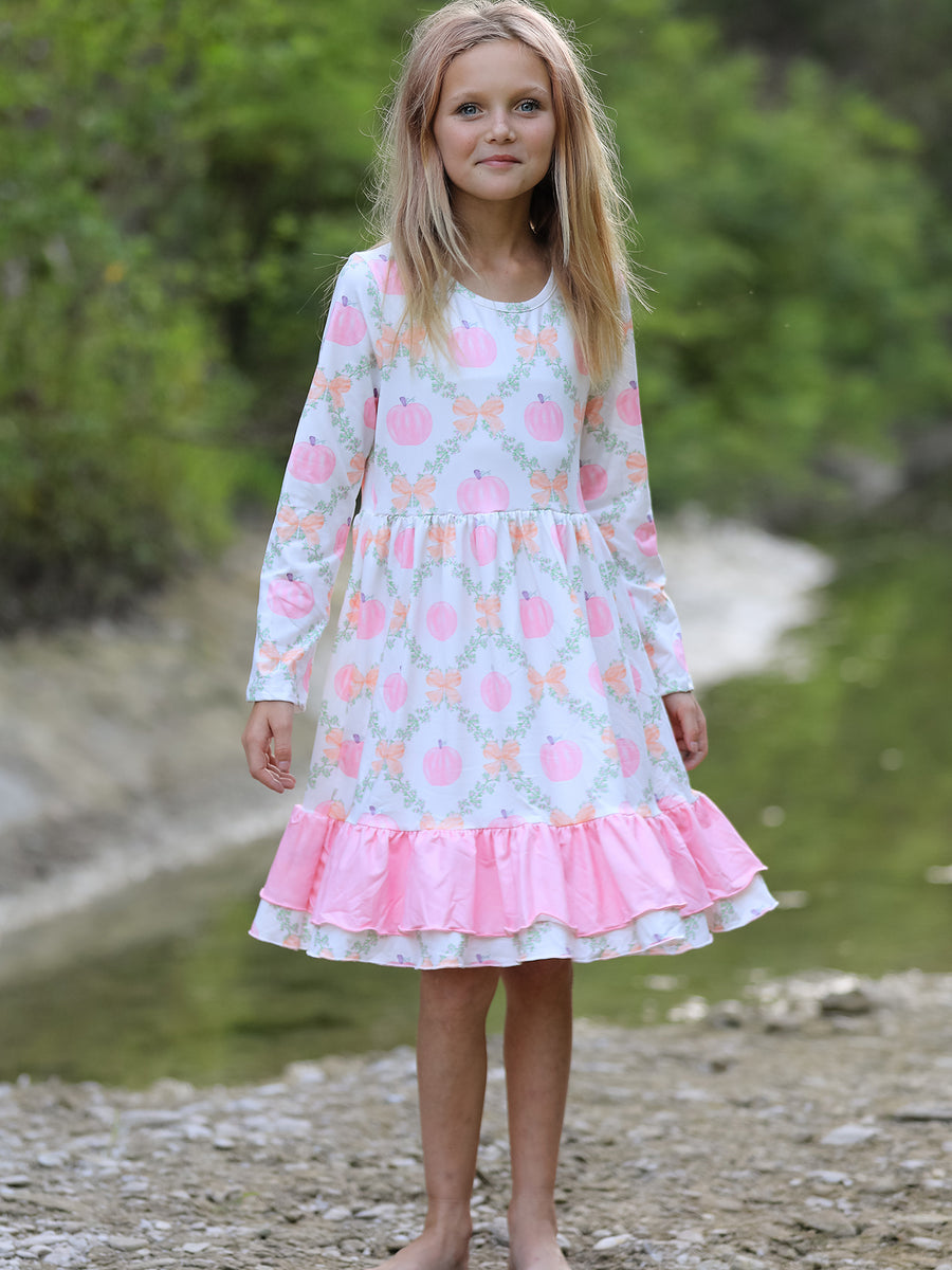 Halloween Pumpkin Pink Ruffle Girls Dress