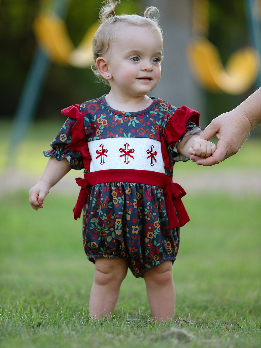 Vintage Floral Smocked Church Christ Bishop Christening Baby Girl Romper