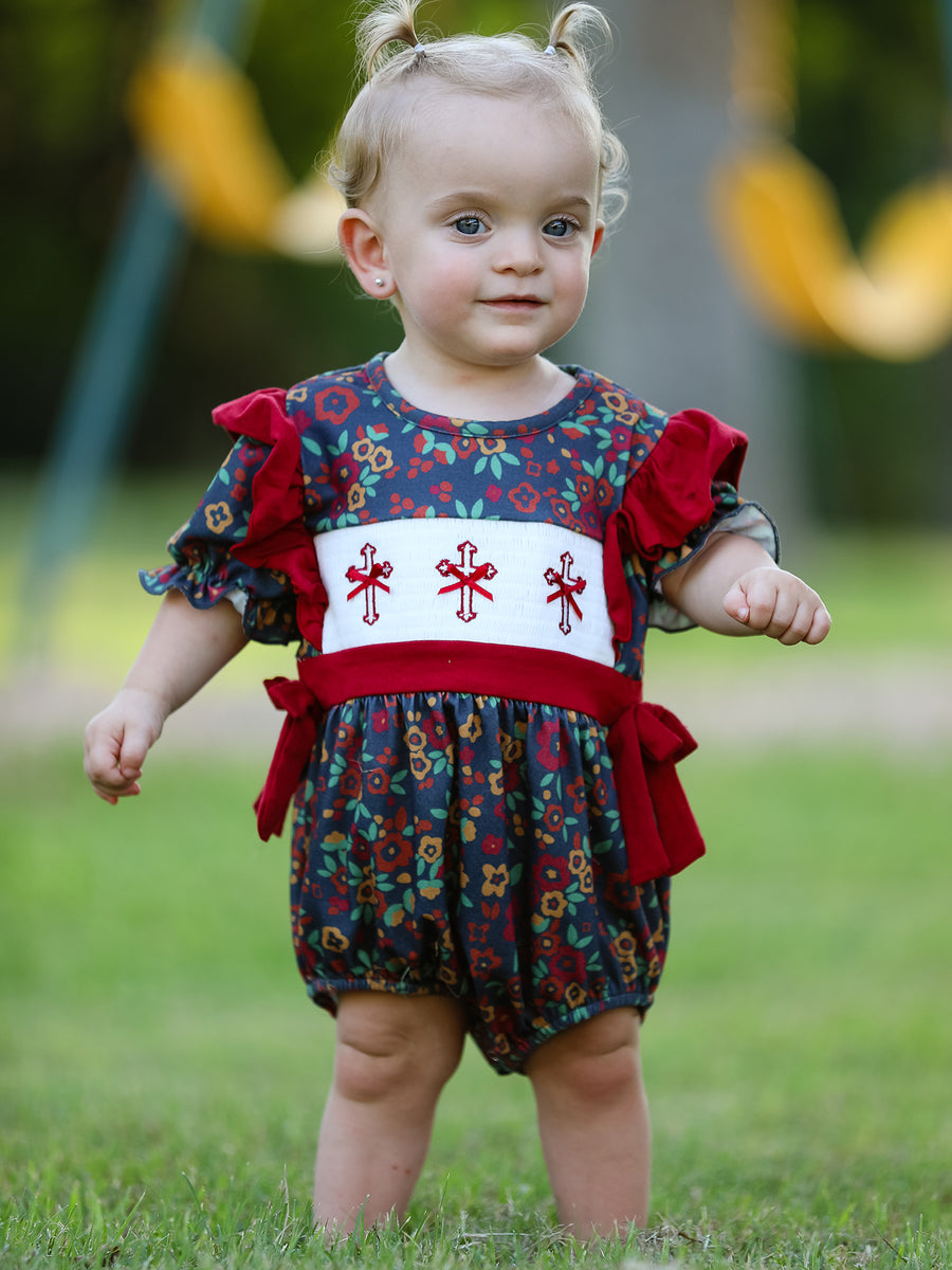 Vintage Floral Smocked Church Christ Bishop Christening Baby Girl Romper