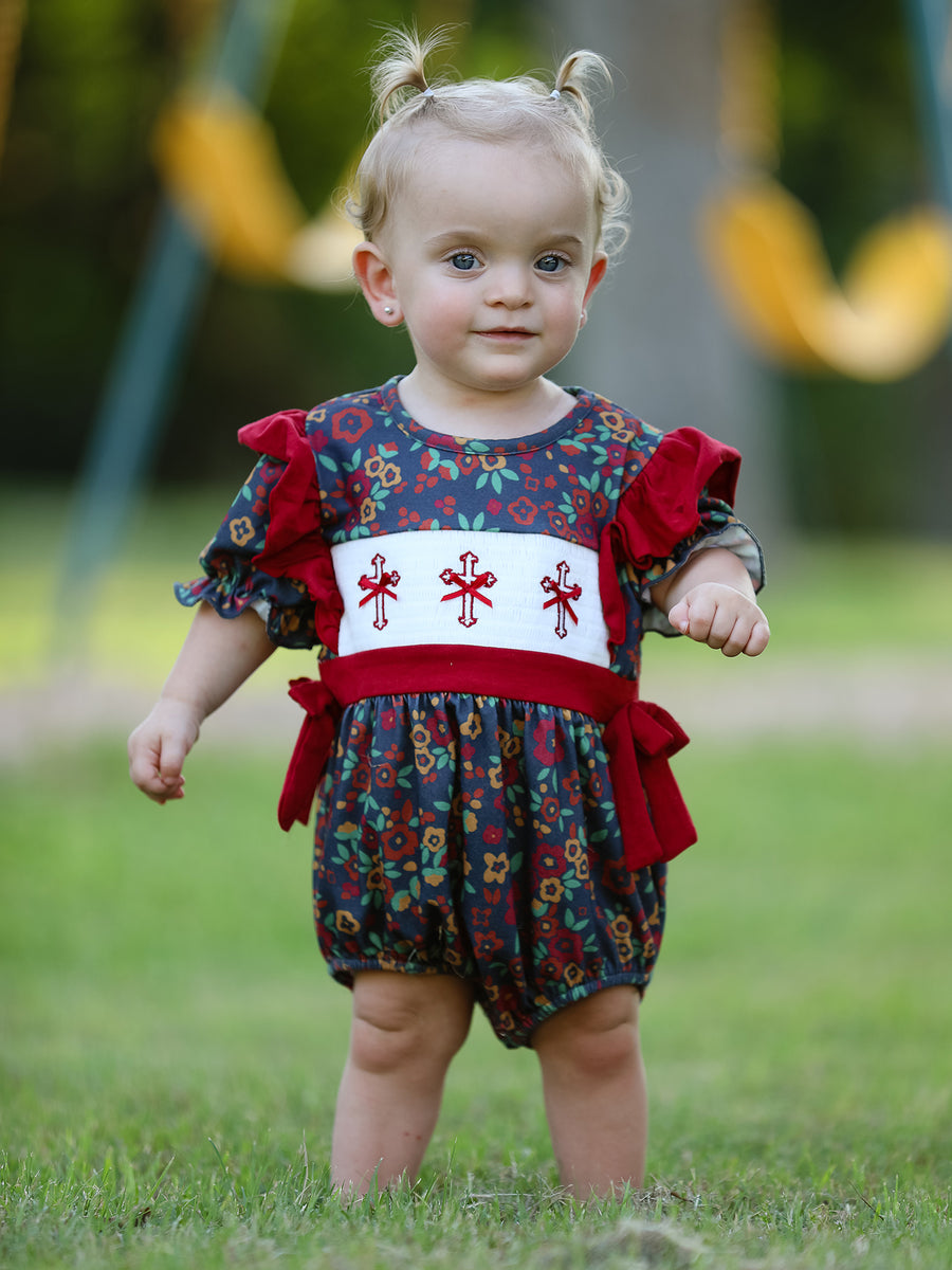 Vintage Floral Smocked Church Christ Bishop Christening Baby Girl Romper