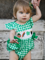 St. Patrick's Day Shamrock Smocking Embroidered Plaid Baby Girls Romper