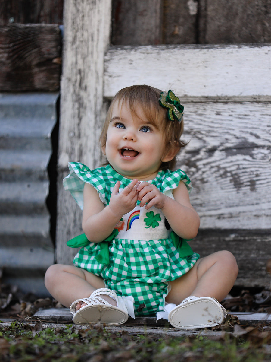 St. Patrick's Day Shamrock Smocking Embroidered Plaid Baby Girls Romper