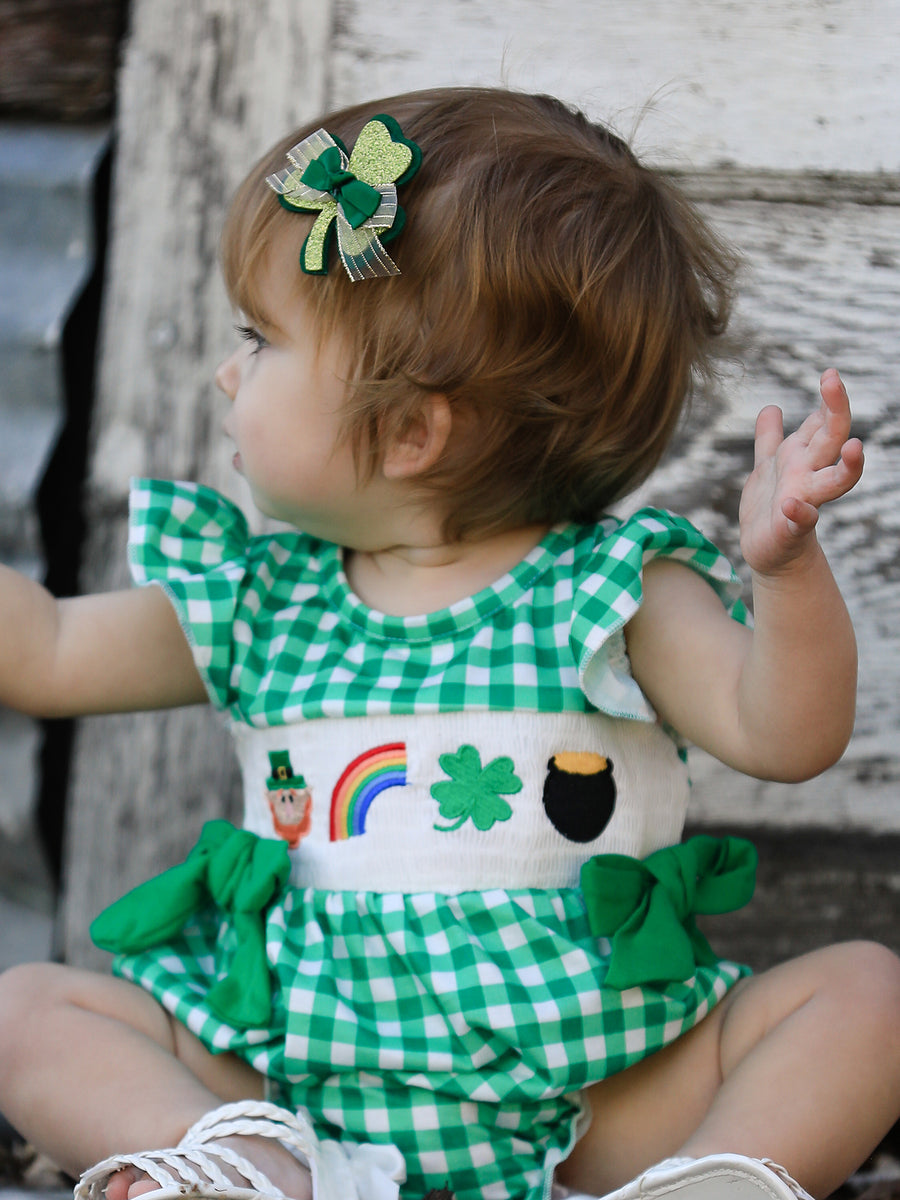 St. Patrick's Day Shamrock Smocking Embroidered Plaid Baby Girls Romper