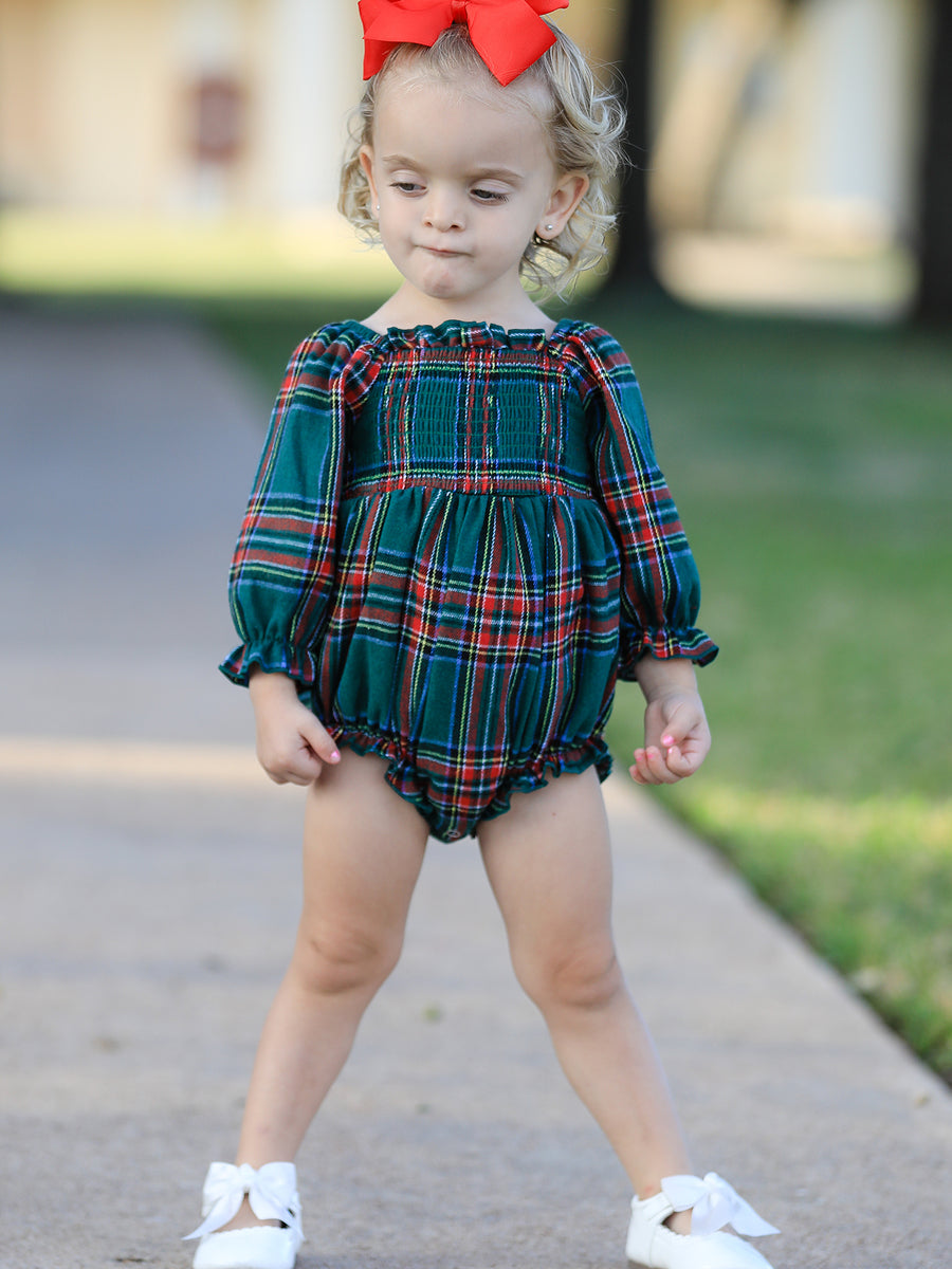 Christmas Plaid Smocked Baby Girl Bubble Romper Ruffle Detail