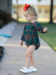 Christmas Plaid Smocked Baby Girl Bubble Romper Ruffle Detail
