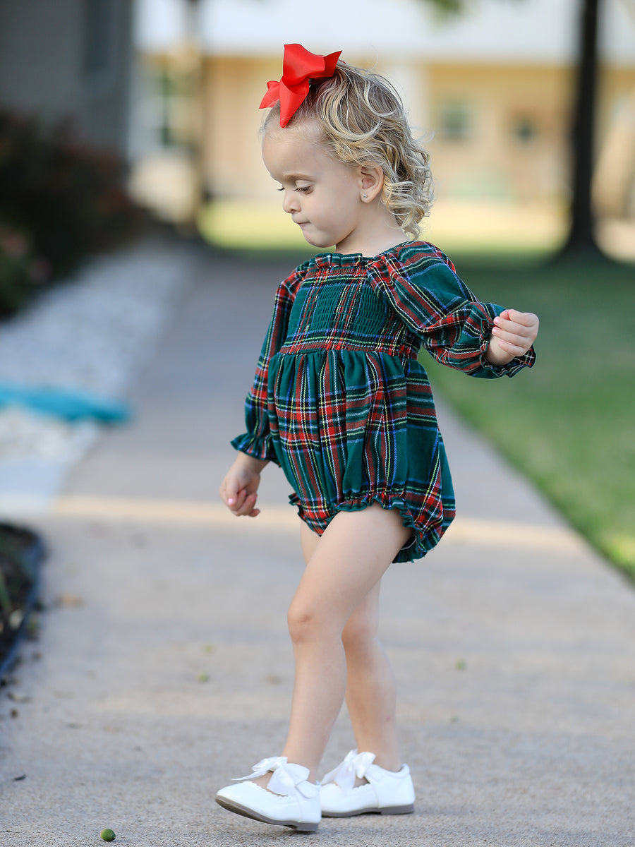 Christmas Plaid Smocked Baby Girl Bubble Romper Ruffle Detail