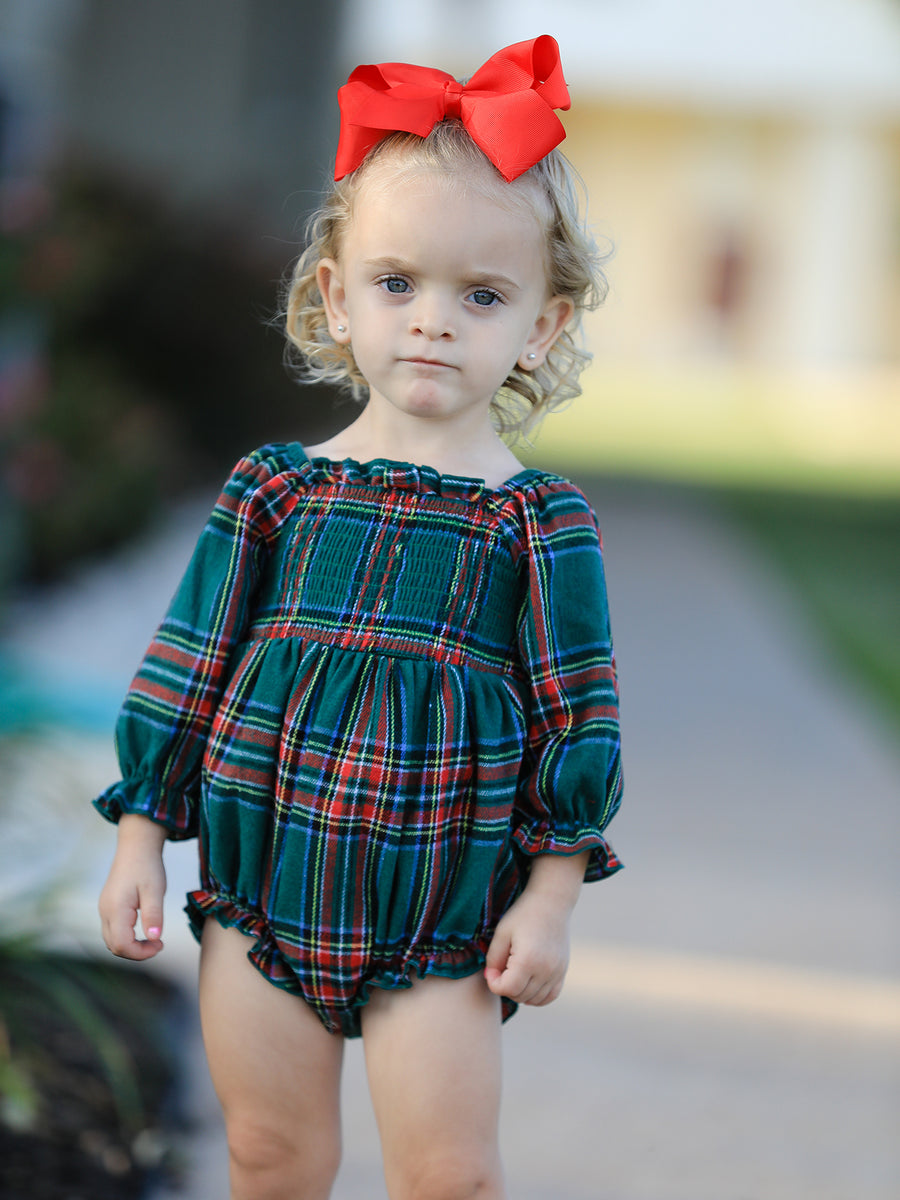 Christmas Plaid Smocked Baby Girl Bubble Romper Ruffle Detail