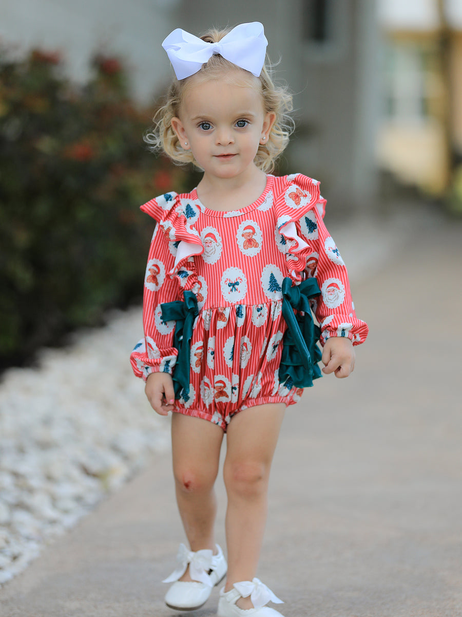 Christmas Santa Print Ruffle Baby Girl Bubble Romper with Bows