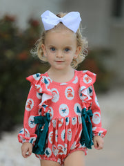 Christmas Santa Print Ruffle Baby Girl Bubble Romper with Bows
