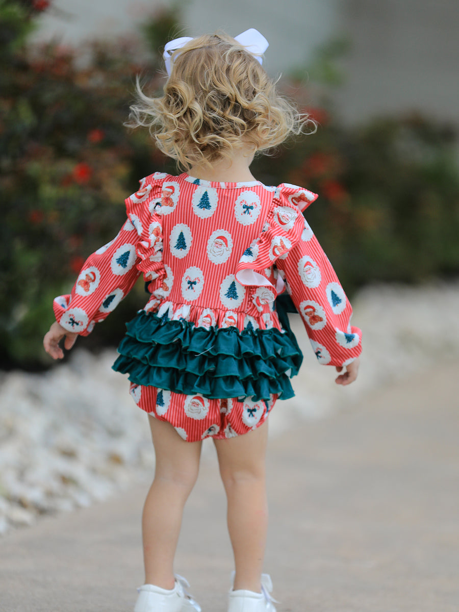 Christmas Santa Print Ruffle Baby Girl Bubble Romper with Bows
