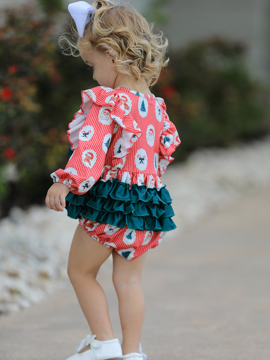 Christmas Santa Print Ruffle Baby Girl Bubble Romper with Bows
