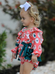 Christmas Santa Print Ruffle Baby Girl Bubble Romper with Bows