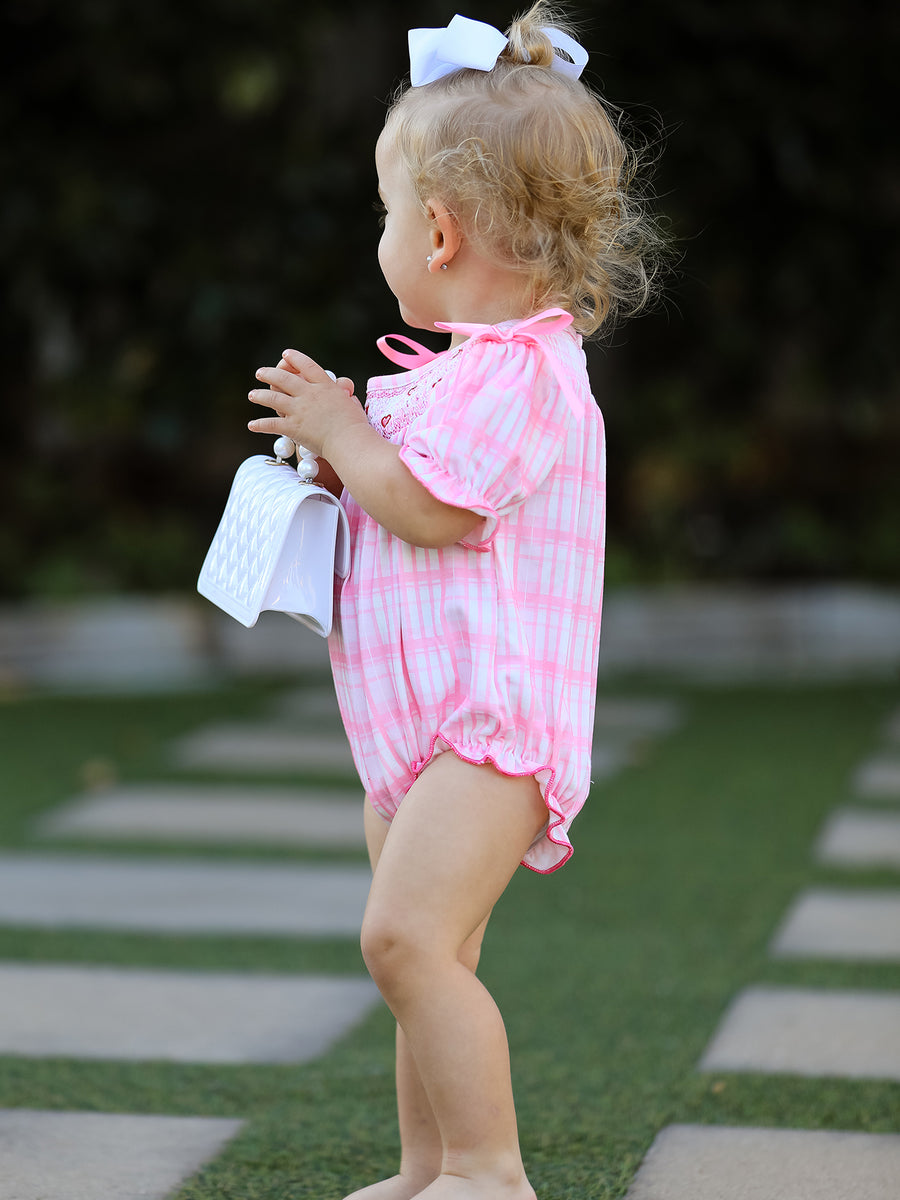 Valentine's Day Pink Plaid Smocked Heart Embroidery Girls Romper