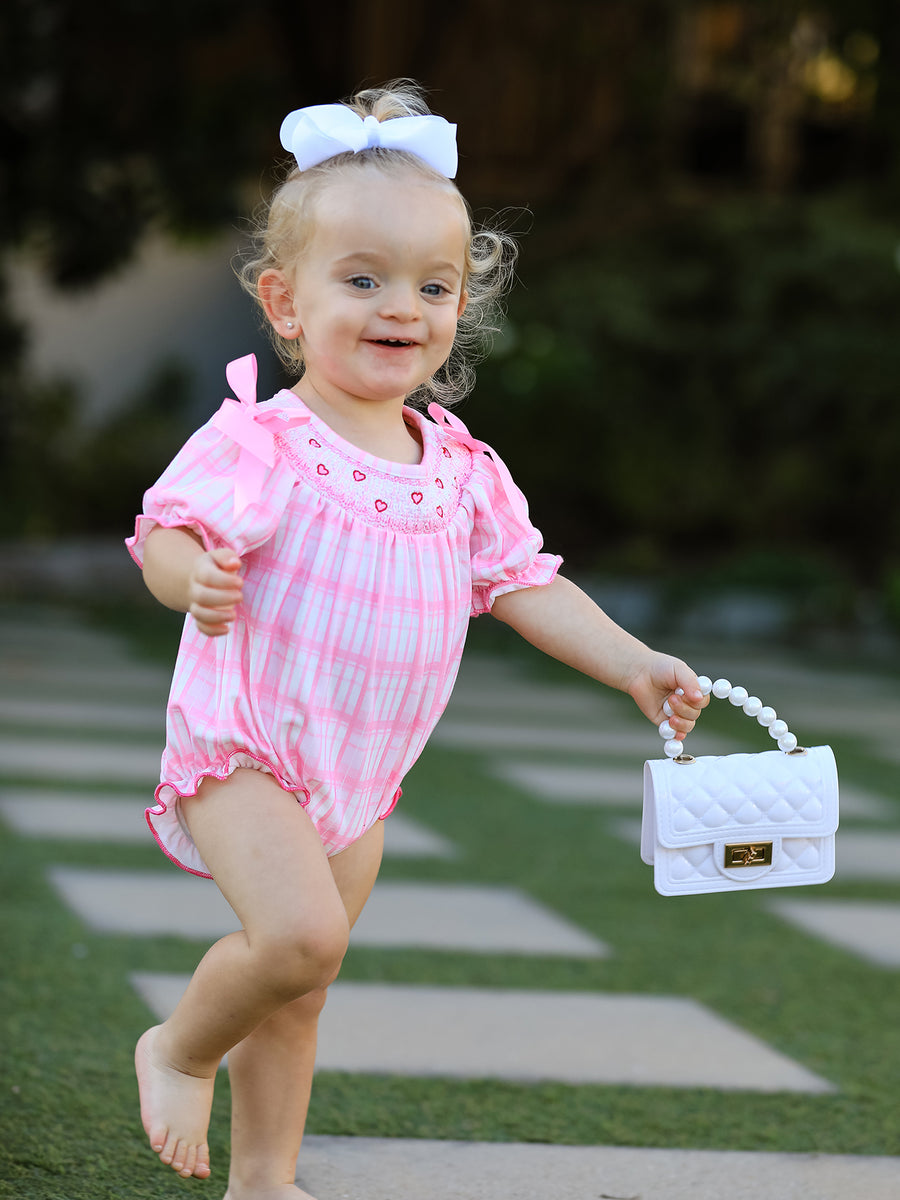 Valentine's Day Pink Plaid Smocked Heart Embroidery Girls Romper