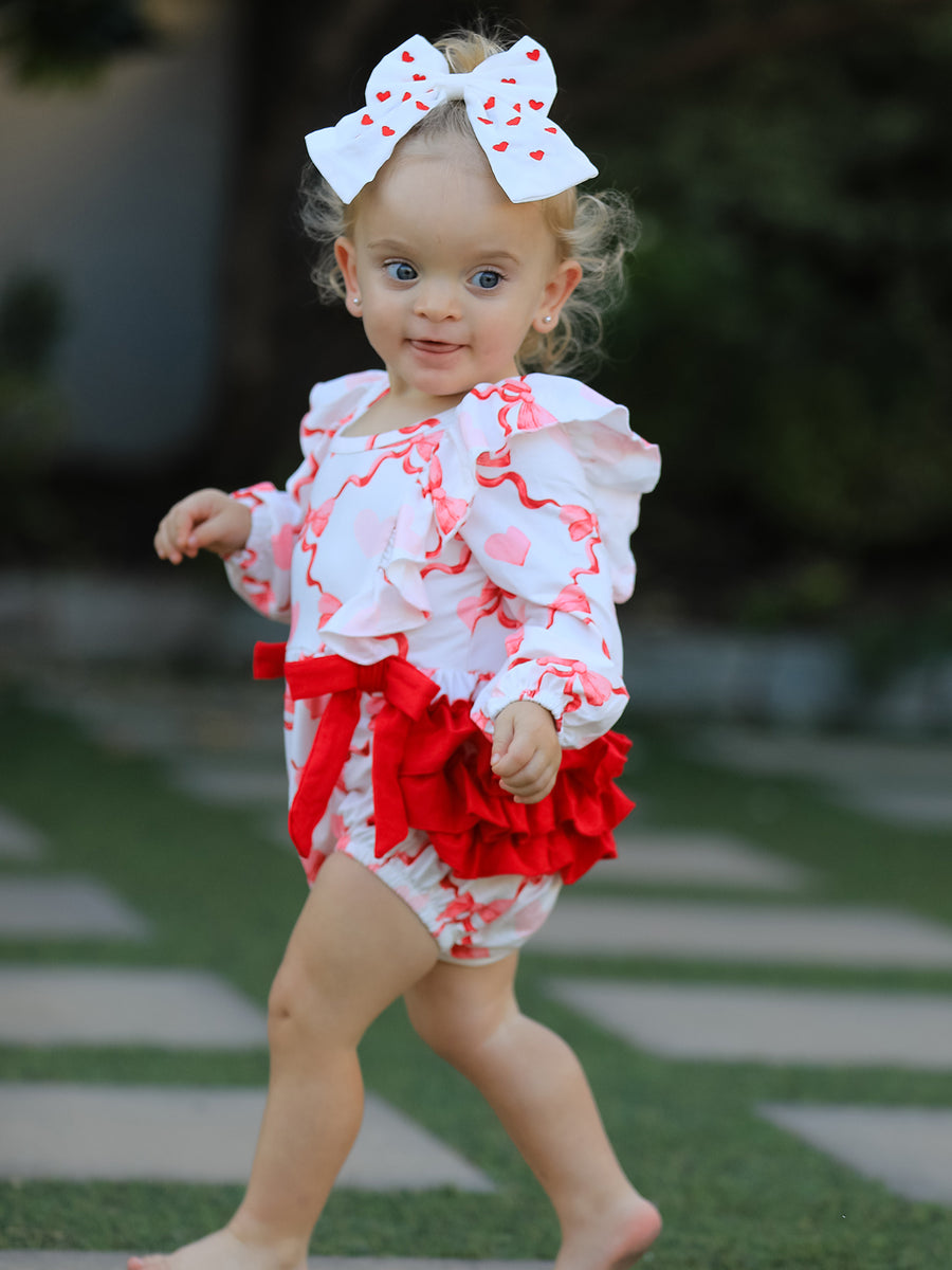 Girls Valentine Romper with Heart Print and Bowknot Design
