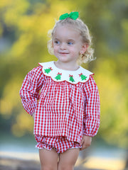 Christmas Tree Embroidery Red Gingham Long Sleeve Baby Girl Bloomers Set