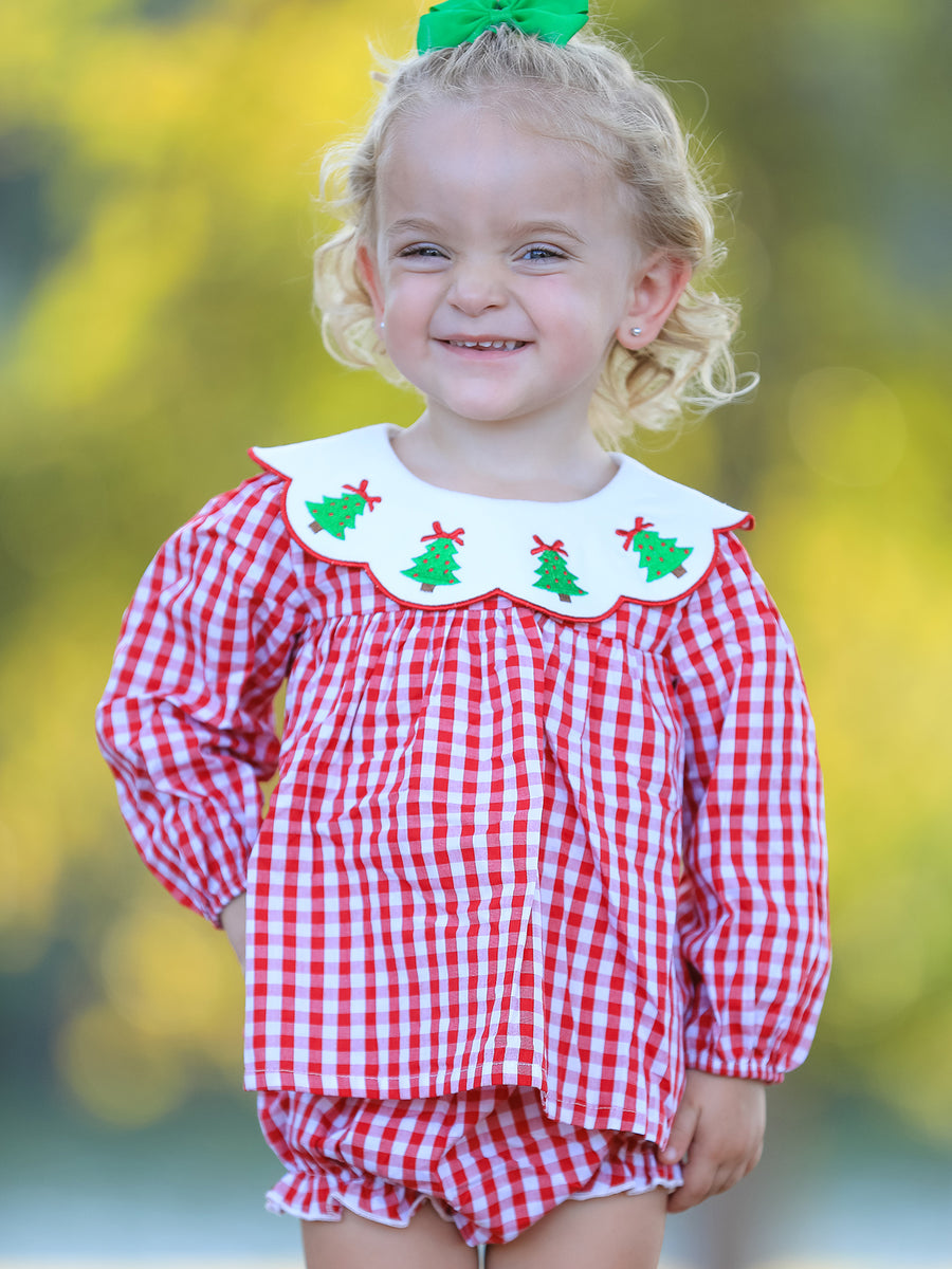 Christmas Tree Embroidery Red Gingham Long Sleeve Baby Girl Bloomers Set