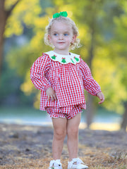 Christmas Tree Embroidery Red Gingham Long Sleeve Baby Girl Bloomers Set