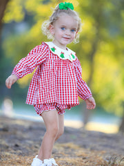 Christmas Tree Embroidery Red Gingham Long Sleeve Baby Girl Bloomers Set